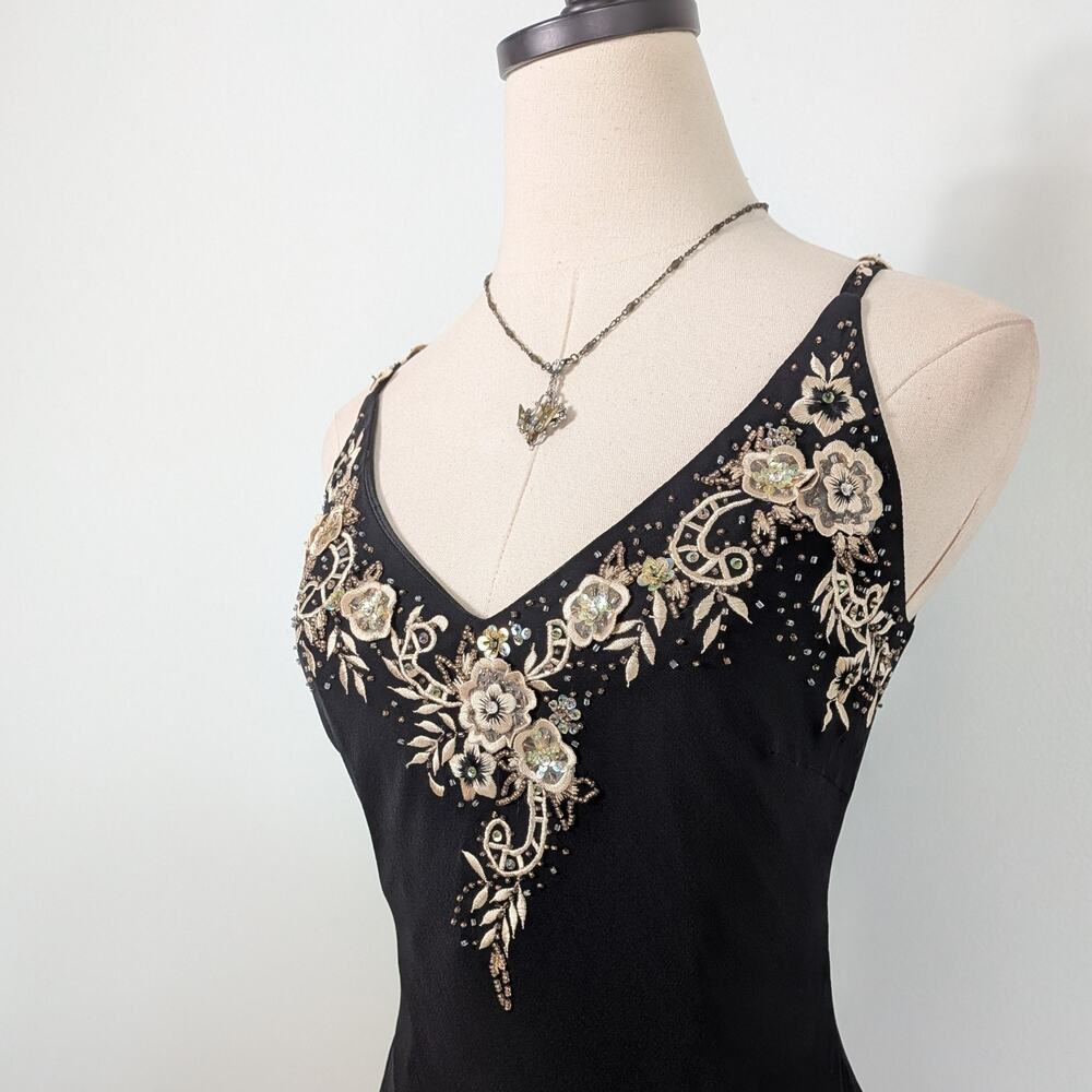 Vintage Cache Silk Midi Dress 6 Slip Floral Embroidered 90S Y2K Black Tan Brown - Picture 2 of 13